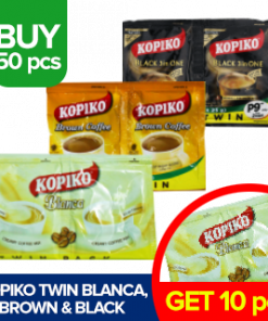 BUY 50 PCS KOPIKO BLACK TWIN 50G  FREE 10PCS BLANCA TWIN 52G